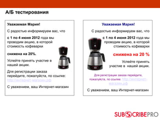А/Б тестирования
Уважаемая Мария!
С радостью информируем вас, что
с 1 по 4 июня 2012 года мы
проводим акцию, в которой
стоимость кофеварки
снижена на 20%.
Успейте принять участие в
нашей акции.
Для регистрации заказа
перейдите, пожалуйста, по ссылке:
http://интернет-магазин.рф
С уважением, ваш Интернет-магазин
Уважаемая Мария!
С радостью информируем вас, что
с 1 по 4 июня 2012 года мы
проводим акцию, в которой
стоимость кофеварки
снижена на 20 %
Успейте принять
участие в нашей акции.
Для регистрации заказа перейдите,
пожалуйста, по ссылке: http://интернет-
магазин.рф
С уважением, ваш Интернет-магазин
 