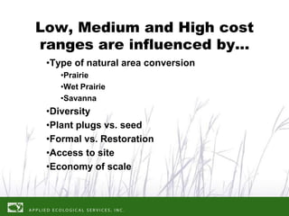 Low, Medium and High cost
ranges are influenced by…
 •Type of natural area conversion
    •Prairie
    •Wet Prairie
    •Savanna
 •Diversity
 •Plant plugs vs. seed
 •Formal vs. Restoration
 •Access to site
 •Economy of scale
 