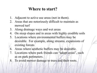 Where to start?
1. Adjacent to active use areas (not in them).
2. Areas that are notoriously difficult to maintain as
   mowed turf
3. Along drainage ways and wet areas
4. On steep slopes and in areas with highly erodible soils
5. Locations where environmental buffers may be
   desirable. For example, along streams, expansions of
   existing forests
6. Areas where aesthetic buffers may be desirable.
7. Locations where park friends can “adopt areas”, such
   as on park perimeters.
8. To avoid mower damage to trees and their roots.
 