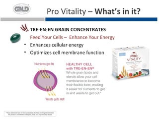 Pro Vitality – What’s in it?
  TRE-EN-EN GRAIN CONCENTRATES
  Feed Your Cells – Enhance Your Energy
• Enhances cellular energy
• Optimizes cell membrane function
 