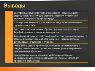 Сертификация студентов учебного заведения– серьезный шаг в
A   сторону укрепления имиджа учебного заведения и увеличения
    стоимости специалиста на рынке труда
    Партнерство с RetraTech – простой путь к внедрению обязательной
B
    сертификации в ВУЗе
    Программа построена таким образом, что позволяет партнерам
C
    RetraTech получать дополнительные доходы
    Самый важный момент, требующий особого пристального внимания со
D   стороны руководителей учебного заведения – разъяснительные
    работы среди сотрудников и студентов
    Очень важно создать правильное отношение к новому проекту и
E   следить за выполнением правил, связанных с функционированием
    программы сертификации
    Компьютерные классы большинства ВУЗов удовлетворяют
F   необходимым условиям по оборудованию классных комнат для
    проведения сертификации
 