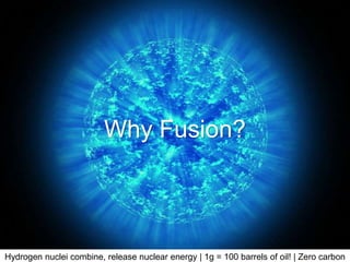 Why Fusion?
Hydrogen nuclei combine, release nuclear energy | 1g = 100 barrels of oil! | Zero carbon
 