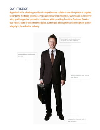 our mission
AppraiserLoft is a leading provider of comprehensive collateral valuation products targeted
towards the mortgage lending, servicing and insurance industries. Our mission is to deliver
a top quality appraisal product to our clients while providing Fanatical Customer Service,
true values, state-of-the-art technologies, customized data systems and the highest level of
integrity in the valuation industry.
Comfortable yet fashionable shoes to
walk the property.
Working hands to take notes, measure,
make calls, etc.
Welcoming smile to make your borrowers
feel at ease and to show confidence.
Professional and/or business casual
work attire.
 