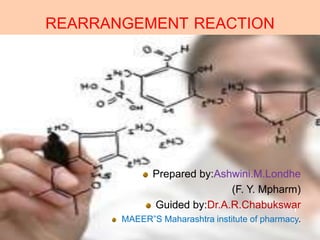 REARRANGEMENT REACTION




              Prepared by:Ashwini.M.Londhe
                             (F. Y. Mpharm)
              Guided by:Dr.A.R.Chabukswar 1
       MAEER”S Maharashtra institute of pharmacy.
 
