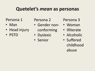 Quetelet’s mean as personas
Persona 1
• Man
• Head injury
• PSTD
Persona 3
• Woman
• Illiterate
• Alcoholic
• Suffered
childhood
abuse
Persona 2
• Gender non-
conforming
• Dyslexic
• Senior
 