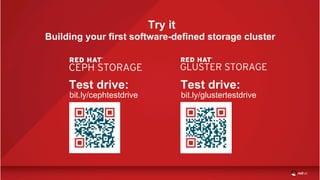 Test drive:
bit.ly/cephtestdrive bit.ly/glustertestdrive
Test drive:
Try it
Building your first software-defined storage cluster
 