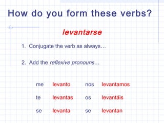 How do you form these verbs?
levantarse
1. Conjugate the verb as always…
levanto levantamos
levantas levantáis
levanta levantan
2. Add the reflexive pronouns…
me nos
te os
se se
 