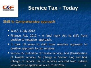 Service Tax - Today

Shift to Comprehensive approach

     W.e.f. 1 July 2012
     Finance Act, 2012 – A land mark Act t...
