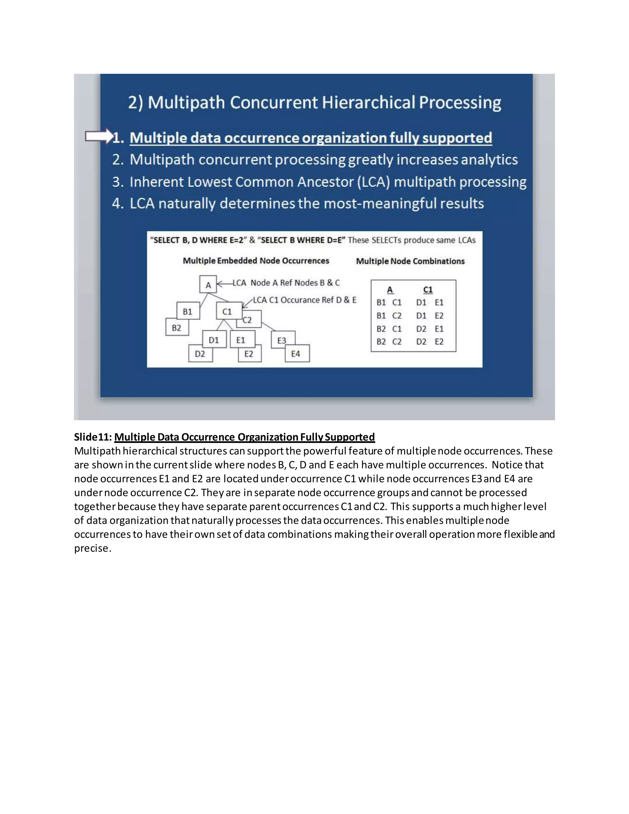 Slide11: Multiple Data Occurrence OrganizationFullySupported
Multipathhierarchical structures cansupportthe powerful feature of multiplenode occurrences.These
are showninthe currentslide where nodesB, C,D and E each have multiple occurrences. Notice that
node occurrencesE1 and E2 are locatedunderoccurrence C1 while node occurrencesE3and E4 are
undernode occurrence C2. Theyare inseparate node occurrence groupsandcannot be processed
togetherbecause they have separate parentoccurrencesC1andC2. This supports a muchhigherlevel
of data organization thatnaturally processes the dataoccurrences. Thisenables multiplenode
occurrences to have theirownsetof data combinations makingtheiroverall operationmore flexibleand
precise.
 