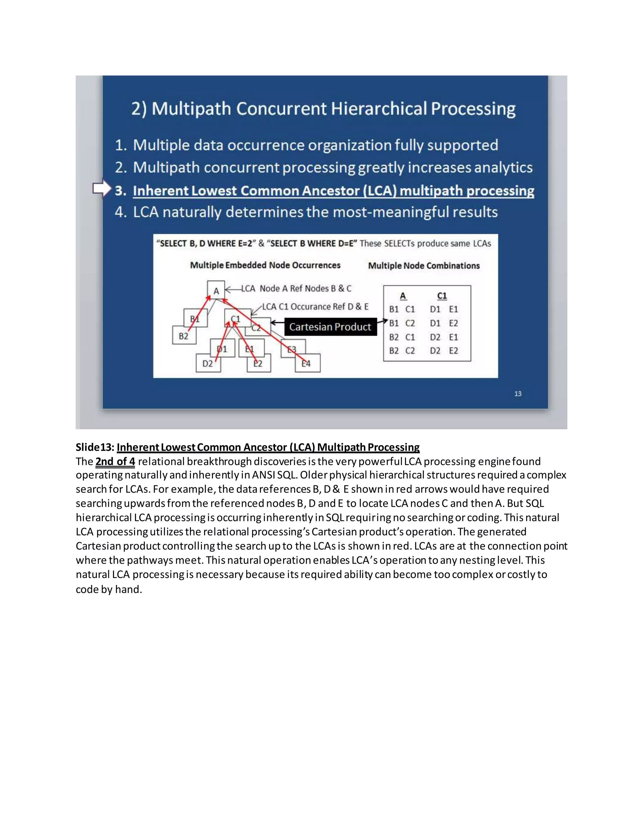 Slide13: InherentLowestCommon Ancestor (LCA) MultipathProcessing
The 2nd of 4 relational breakthroughdiscoveriesisthe verypowerfulLCA processing enginefound
operatingnaturallyandinherentlyinANSISQL.Olderphysical hierarchical structuresrequiredacomplex
searchfor LCAs.For example,the datareferencesB,D& E showninred arrowswouldhave required
searchingupwardsfromthe referencednodesB,D andE to locate LCA nodesC and thenA.But SQL
hierarchical LCA processingisoccurringinherentlyinSQLrequiringnosearchingorcoding.Thisnatural
LCA processingutilizesthe relational processing’sCartesianproduct’soperation. The generated
Cartesianproductcontrollingthe searchupto the LCAs is shown inred.LCAs are at the connectionpoint
where the pathways meet. Thisnatural operationenablesLCA’soperationtoany nestinglevel. This
natural LCA processingis necessary because its required ability canbecome toocomplex orcostly to
code by hand.
 