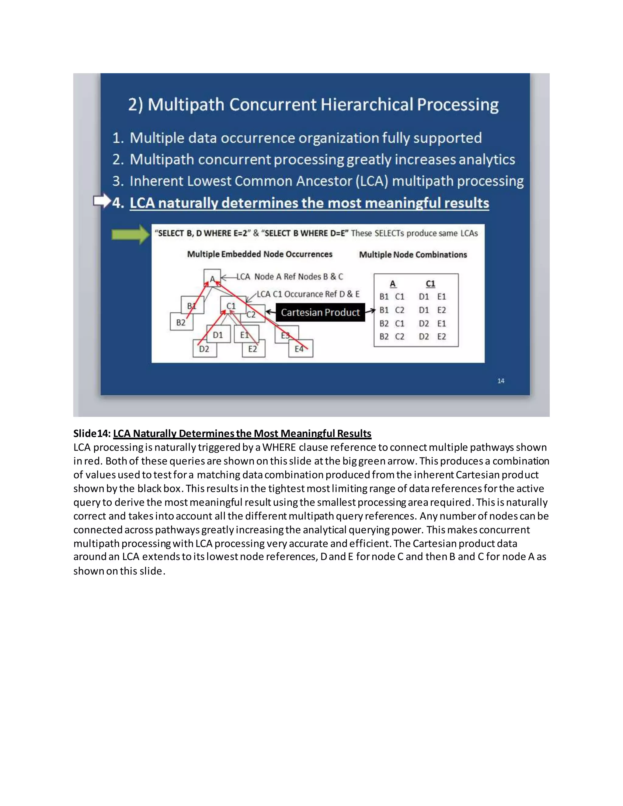 Slide14: LCA Naturally Determinesthe Most Meaningful Results
LCA processingis naturally triggeredby aWHERE clause reference to connectmultiple pathways shown
inred. Bothof these queriesare shownonthisslide atthe biggreenarrow.Thisproducesa combination
of valuesusedtotestfora matching datacombinationproducedfromthe inherentCartesianproduct
shownbythe blackbox.Thisresultsinthe tightestmostlimitingrange of datareferencesforthe active
queryto derive the mostmeaningful resultusingthe smallestprocessingarearequired.Thisisnaturally
correct and takesintoaccount all the differentmultipathqueryreferences. Any numberof nodescanbe
connectedacrosspathwaysgreatlyincreasingthe analytical queryingpower. Thismakesconcurrent
multipathprocessingwithLCA processing very accurate andefficient.The Cartesianproductdata
aroundan LCA extendstoitslowestnode references, DandE fornode C and thenB and C for node A as
shownonthis slide.
 
