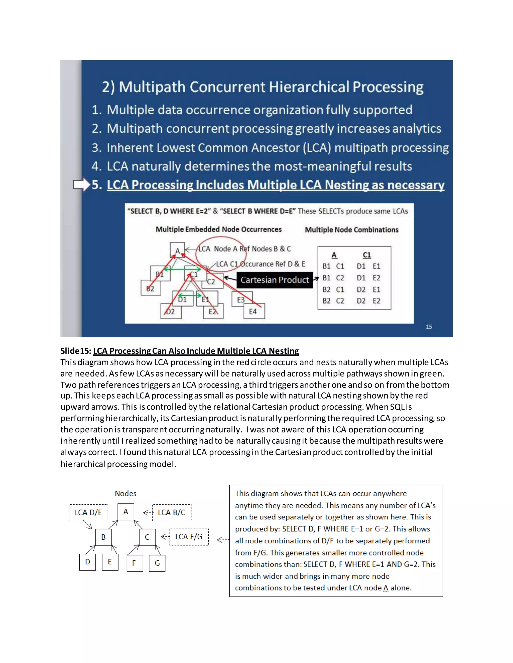 Slide15: LCA ProcessingCan AlsoInclude Multiple LCA Nesting
Thisdiagramshows howLCA processinginthe redcircle occurs and nestsnaturallywhen multiple LCAs
are needed.Asfew LCAsasnecessarywill be naturally usedacrossmultiple pathways showningreen.
Two pathreferencestriggersanLCA processing,athirdtriggersanotherone andso on fromthe bottom
up.This keepseachLCA processingassmall as possible withnatural LCA nestingshownbythe red
upwardarrows. This iscontrolledbythe relational Cartesianproduct processing.WhenSQLis
performinghierarchically,itsCartesianproductisnaturallyperformingthe requiredLCA processing,so
the operationistransparent occurringnaturally. Iwasnot aware of thisLCA operationoccurring
inherently until Irealizedsomething hadtobe naturallycausingit because the multipathresultswere
alwayscorrect.I found thisnatural LCA processingin the Cartesianproduct controlledby the initial
hierarchical processing model.
 