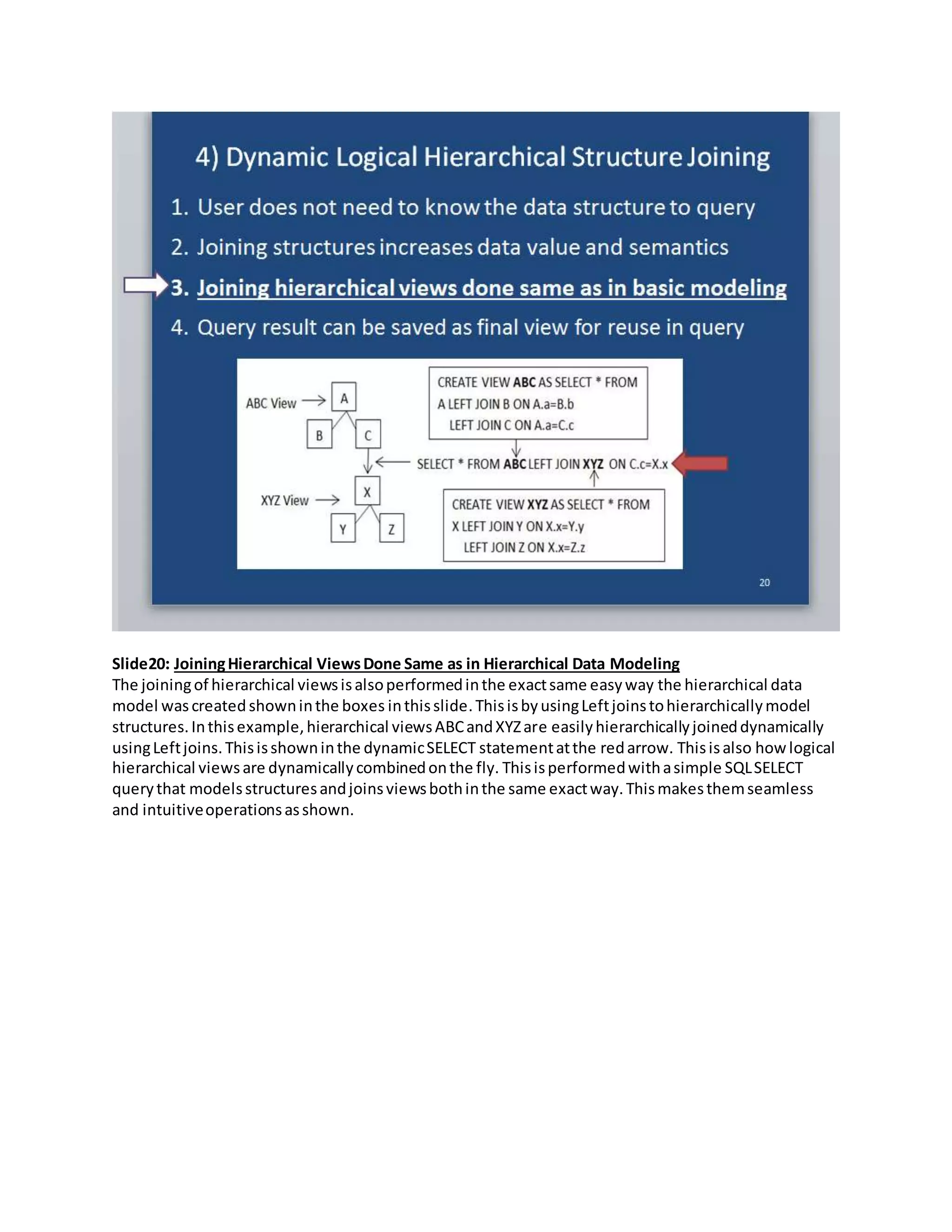 Slide20: JoiningHierarchical ViewsDone Same as in Hierarchical Data Modeling
The joiningof hierarchical viewsisalsoperformedinthe exactsame easyway the hierarchical data
model wascreatedshowninthe boxes inthisslide.ThisisbyusingLeftjoinstohierarchicallymodel
structures.Inthisexample,hierarchical viewsABCandXYZare easilyhierarchicallyjoineddynamically
usingLeftjoins.Thisisshowninthe dynamicSELECT statementatthe redarrow. Thisisalso how logical
hierarchical viewsare dynamicallycombinedonthe fly. Thisisperformedwithasimple SQLSELECT
querythat modelsstructuresandjoinsviewsbothinthe same exactway.Thismakesthemseamless
and intuitiveoperationsasshown.
 