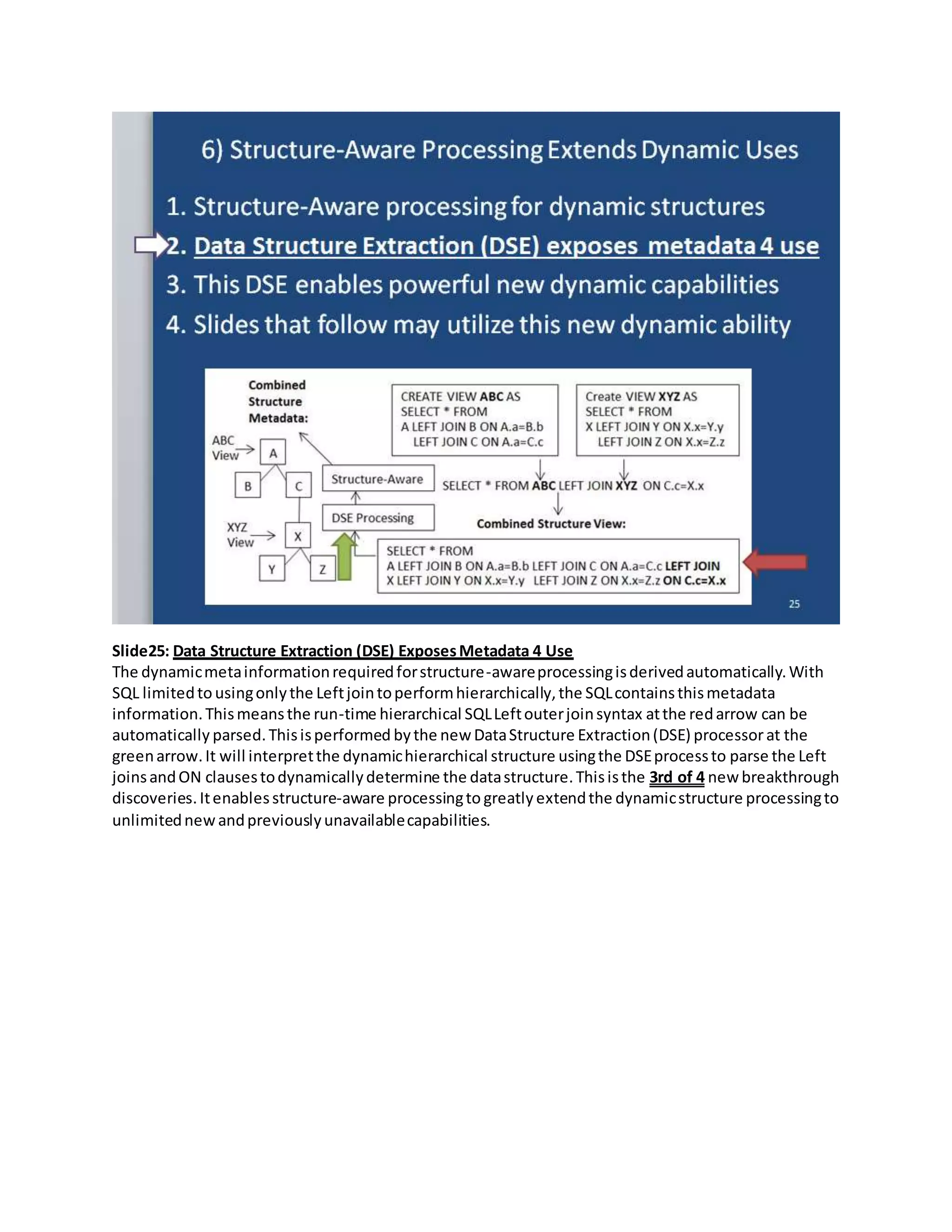 Slide25: Data Structure Extraction (DSE) ExposesMetadata 4 Use
The dynamicmetainformationrequiredforstructure-awareprocessingisderivedautomatically.With
SQL limitedtousingonlythe Leftjointoperformhierarchically,the SQLcontainsthismetadata
information.Thismeansthe run-time hierarchical SQLLeftouterjoinsyntax atthe redarrow can be
automatically parsed.Thisisperformed bythe new DataStructure Extraction(DSE) processorat the
greenarrow.It will interpretthe dynamichierarchical structure usingthe DSEprocessto parse the Left
joinsandON clausestodynamicallydetermine the datastructure.Thisisthe 3rd of 4 new breakthrough
discoveries.Itenablesstructure-aware processingto greatly extendthe dynamicstructure processingto
unlimitednewandpreviouslyunavailablecapabilities.
 