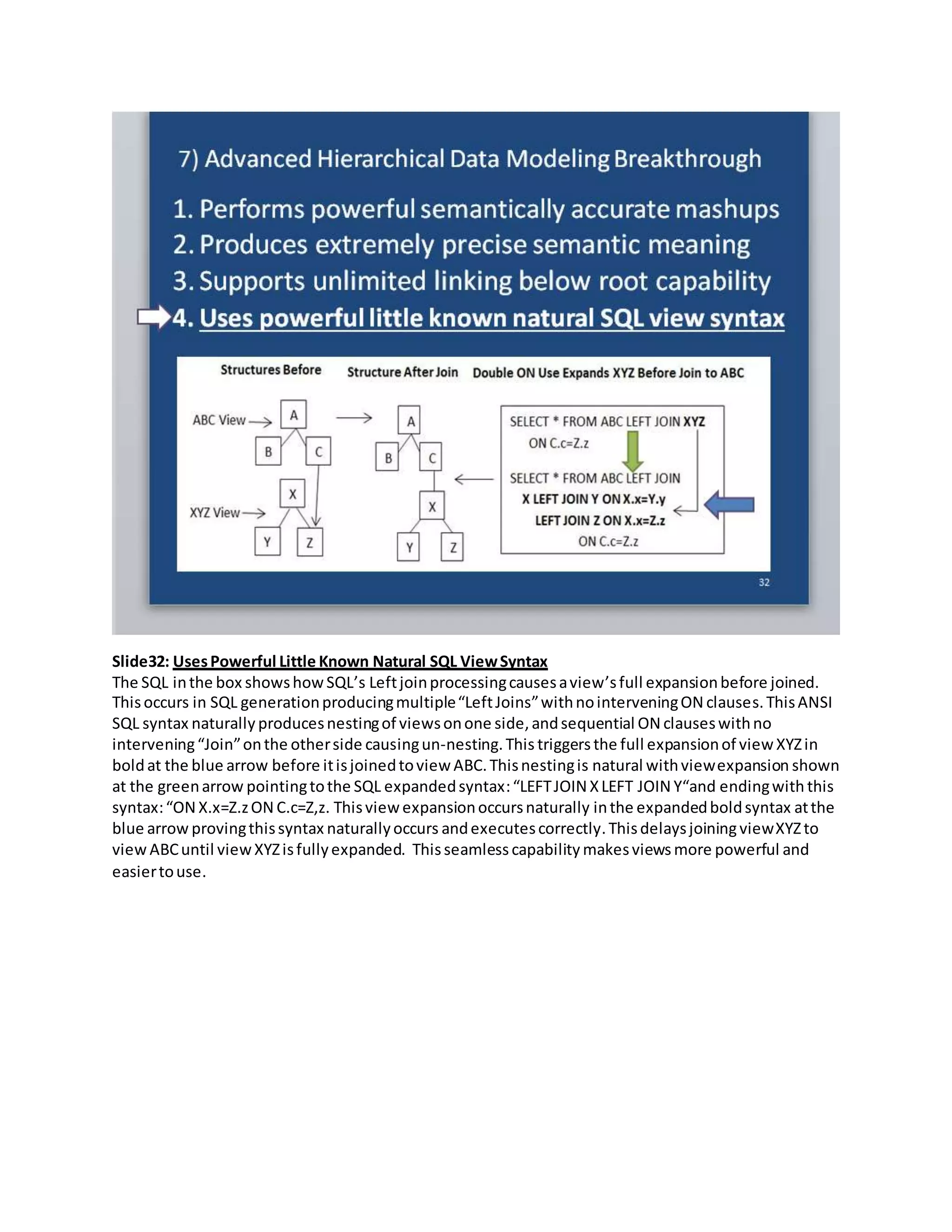 Slide32: UsesPowerful Little Known Natural SQL ViewSyntax
The SQL inthe box showshowSQL’s Leftjoinprocessingcausesaview’sfull expansionbefore joined.
Thisoccurs in SQL generationproducingmultiple“LeftJoins”withnointerveningON clauses.ThisANSI
SQL syntax naturally producesnestingof viewsonone side,andsequential ON clauseswithno
intervening“Join”onthe otherside causingun-nesting.This triggersthe full expansionof view XYZin
boldat the blue arrow before itisjoinedtoview ABC.Thisnestingis natural withviewexpansion shown
at the greenarrow pointingtothe SQL expandedsyntax:“LEFTJOIN XLEFT JOIN Y“and endingwith this
syntax:“ON X.x=Z.zON C.c=Z,z. Thisview expansionoccursnaturally inthe expandedboldsyntax atthe
blue arrow provingthissyntax naturallyoccurs andexecutescorrectly.ThisdelaysjoiningviewXYZto
view ABCuntil viewXYZisfullyexpanded. Thisseamless capability makesviews more powerful and
easiertouse.
 