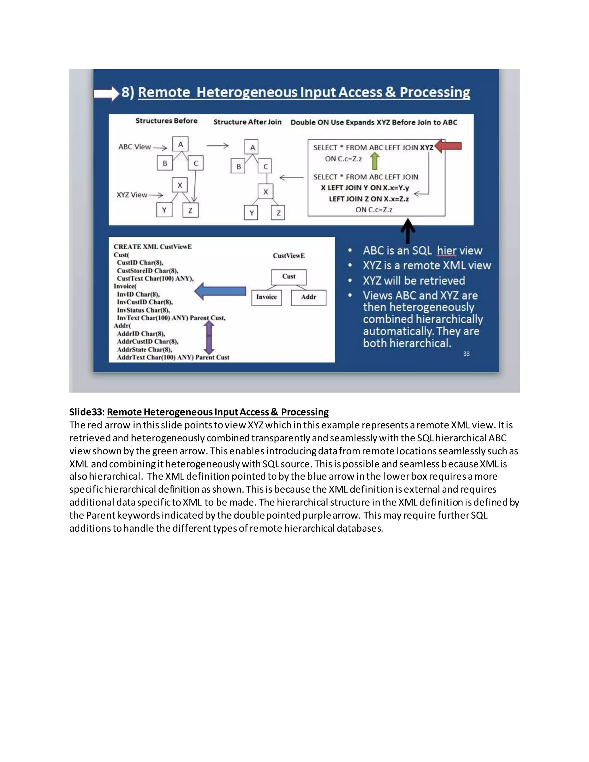 Slide33: Remote HeterogeneousInputAccess& Processing
The red arrow inthisslide pointstoviewXYZwhichinthisexample representsaremote XML view.Itis
retrievedand heterogeneously combinedtransparentlyandseamlesslywiththe SQLhierarchical ABC
viewshownbythe greenarrow.Thisenablesintroducingdatafromremote locationsseamlesslysuchas
XML andcombiningitheterogeneouslywithSQLsource.Thisispossible andseamlessbecauseXMLis
alsohierarchical. The XML definitionpointedtobythe blue arrow inthe lowerbox requiresamore
specifichierarchical definitionasshown.Thisisbecause the XML definitionisexternal andrequires
additional dataspecifictoXML to be made.The hierarchical structure inthe XML definitionisdefinedby
the Parentkeywordsindicatedbythe doublepointedpurplearrow. Thismayrequire furtherSQL
additionstohandle the differenttypesof remote hierarchical databases.
 