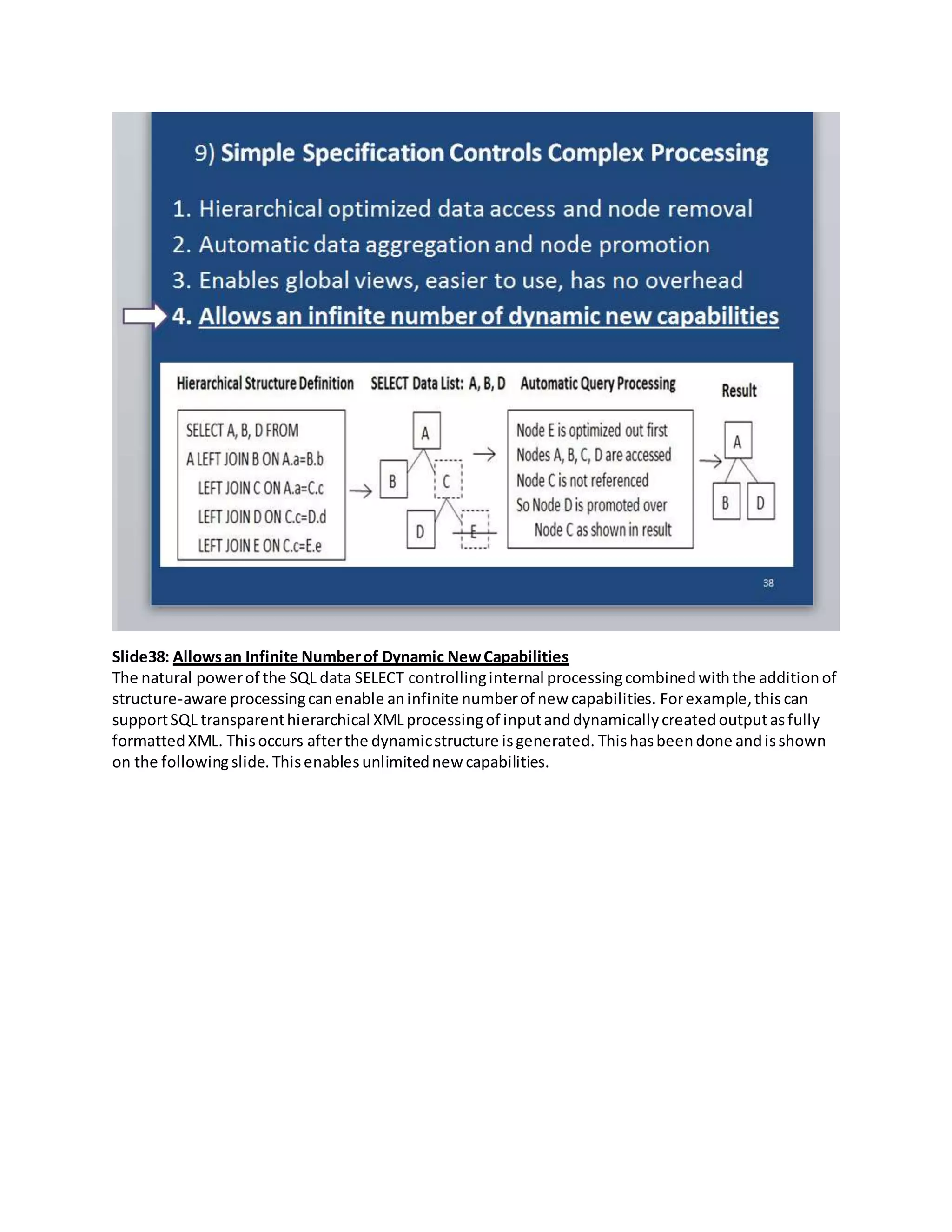 Slide38: Allowsan Infinite Numberof Dynamic NewCapabilities
The natural powerof the SQL data SELECT controllinginternal processingcombinedwiththe additionof
structure-aware processingcanenable aninfinite numberof new capabilities. Forexample,thiscan
supportSQL transparenthierarchical XML processingof inputanddynamicallycreatedoutputasfully
formattedXML. Thisoccurs afterthe dynamicstructure isgenerated. Thishasbeendone andisshown
on the followingslide. Thisenablesunlimitednew capabilities.
 