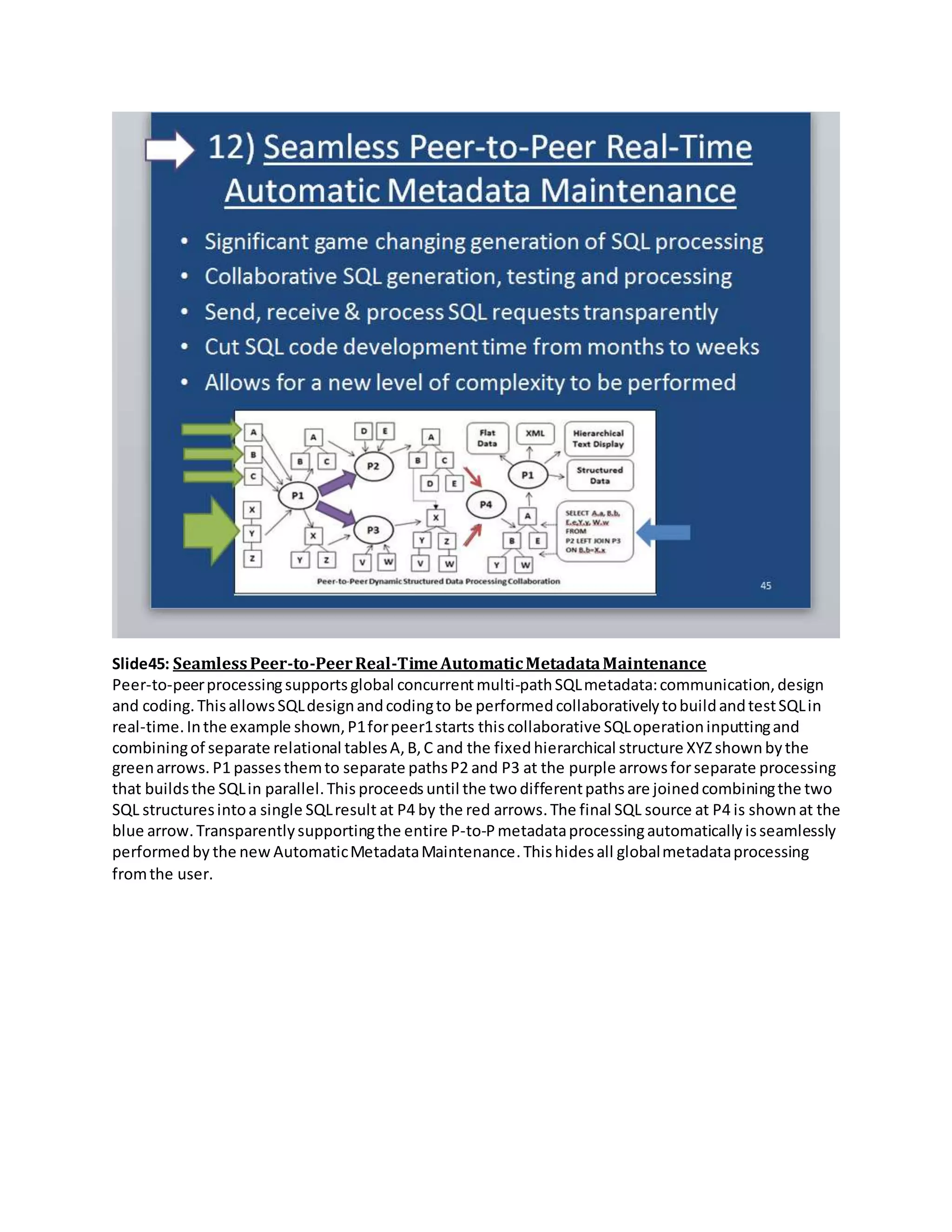Slide45: SeamlessPeer-to-PeerReal-TimeAutomaticMetadataMaintenance
Peer-to-peerprocessingsupports global concurrentmulti-pathSQLmetadata:communication,design
and coding.ThisallowsSQLdesignandcodingto be performedcollaborativelytobuildandtestSQLin
real-time.Inthe example shown,P1forpeer1starts thiscollaborative SQLoperationinputtingand
combiningof separate relational tablesA,B,C and the fixedhierarchical structure XYZ shown bythe
greenarrows. P1 passesthemto separate pathsP2 and P3 at the purple arrowsforseparate processing
that buildsthe SQLin parallel.This proceeds until the two differentpathsare joinedcombiningthe two
SQL structuresintoa single SQLresult at P4 by the red arrows.The final SQL source at P4 is shownat the
blue arrow.Transparentlysupportingthe entire P-to-P metadataprocessingautomatically isseamlessly
performedby the new AutomaticMetadataMaintenance.Thishidesall globalmetadataprocessing
fromthe user.
 