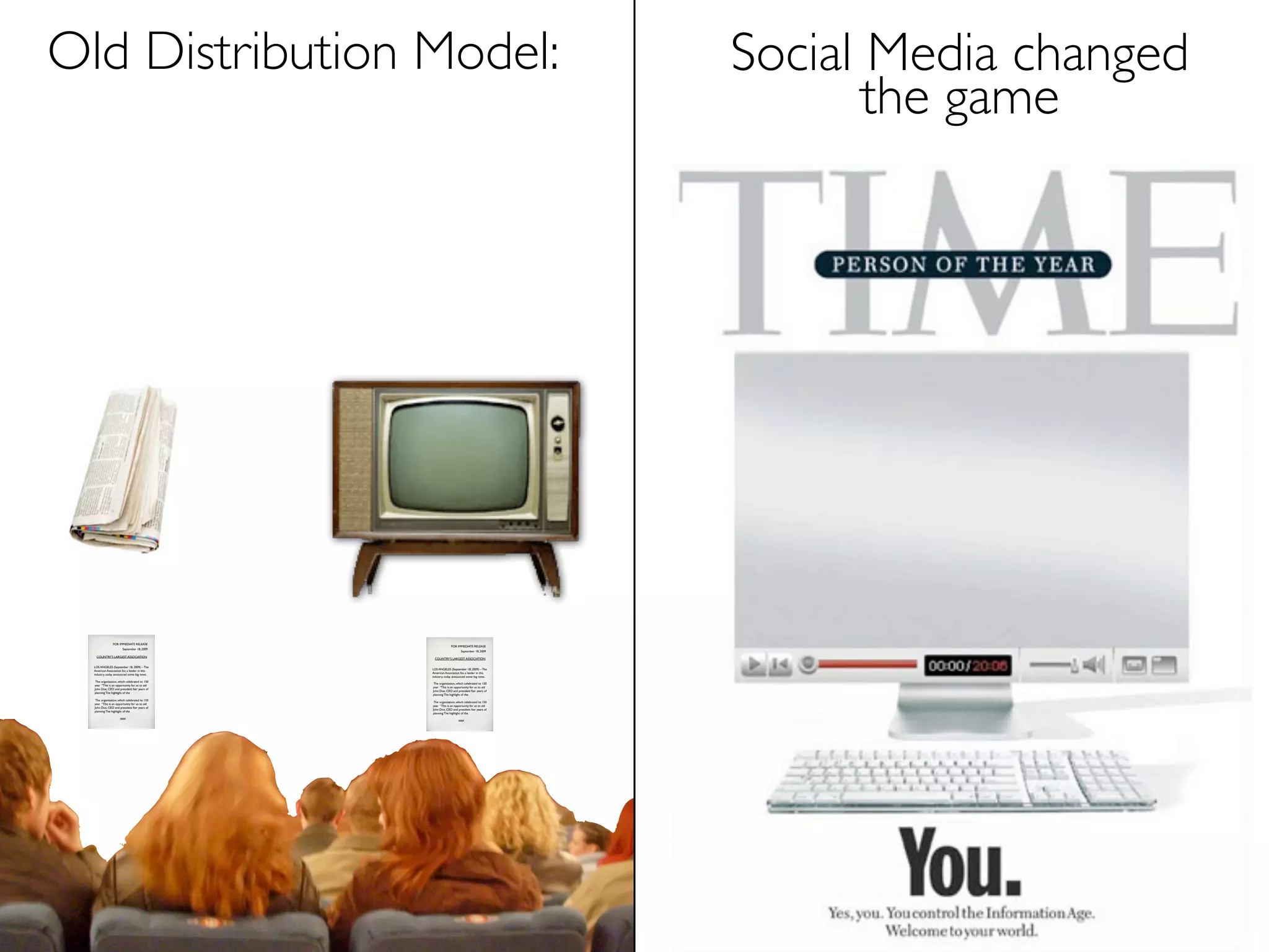 Old Distribution Model:                                                                       Social Media changed
                                                                                                     the game




                FOR IMMEDIATE RELEASE
                                                              FOR IMMEDIATE RELEASE
                        September 18, 2009
                                                                      September 18, 2009
   COUNTRY’S LARGEST ASSOCIATION
                                                 COUNTRY’S LARGEST ASSOCIATION

  LOS ANGELES (September 18, 2009) – The
                                                LOS ANGELES (September 18, 2009) – The
  American Association for, a leader in this
                                                American Association for, a leader in this
  industry, today announced some big news.
                                                industry, today announced some big news.
   The organization, which celebrated its 150
                                                 The organization, which celebrated its 150
  year “This is an opportunity for us to aid
                                                year “This is an opportunity for us to aid
  John Doe, CEO and president fter years of
                                                John Doe, CEO and president fter years of
  planning The highlight of the
                                                planning The highlight of the
   The organization, which celebrated its 150
                                                 The organization, which celebrated its 150
  year “This is an opportunity for us to aid
                                                year “This is an opportunity for us to aid
  John Doe, CEO and president fter years of
                                                John Doe, CEO and president fter years of
  planning The highlight of the
                                                planning The highlight of the
                      ###
                                                                    ###
 