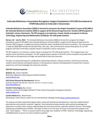 Colorado	BioScience	Association	Recognizes	Amgen	Foundation’s	$25,000	Investment	in	
STEM	Education	in	Colorado’s	Classrooms	
	
Colorado BioScience Association (CBSA) is honored to announce the Amgen Foundation’s grant of $25,000 to 
the Colorado BioScience Institute (CBSI) in support of the Research Experience for Teachers (RET) program in 
Colorado’s science classrooms. The RET program is an intensive, 4 week, hands‐on program in Science, 
Technology, Engineering and Mathematics (STEM) for 7th‐12th grade teachers.  	
 
Denver, CO – July 21, 2014 – The Colorado BioScience Association (CBSA) is honored to recognize the Amgen 
Foundation’s grant of $25,000 to the Colorado BioScience Institute (CBSI) in support of the Research Experience for 
Teachers (RET) program, in addition to funds provided by others including The Anschutz Foundation. The announcement 
is made by CBSA/CBSI President & CEO April Giles, who says, “We are honored to receive these grants for our RET 
program and know it will make a positive impact in Colorado’s science classrooms.” 
The RET program is an intensive, 4 week, hands‐on program for 7th‐12th grade teachers.  This inaugural year, four 
teachers were selected to participate. The RET program places teachers in local life science companies to provide them 
with hands‐on lab experience to bridge real‐world skills to back the classroom.  
 
The goal is to help build long‐term collaborative partnerships between, industry scientists, and the local university 
research community by involving the teachers in real bioscience research and helping them translate their research 
experiences and new knowledge into classroom activities. 
 
2014 RET Hosting Companies: 
Biodesix, Inc., Aurora, Boulder     
Molecular diagnostics advancing personalized medicine 
www.biodesix.com  
 
iC42 Clinical Research & Development, Aurora 
Contract research services for integrated solutions to systems biology 
www.bioanalytics.us  
 
Sharklet Technologies, Inc., Aurora     
Engineers surface technologies (Sharklet™) that controls the growth of dangerous bacteria 
www.sharklet.com 
 
Surefire Medical Inc., Westminster     
Developing a novel infusion system for the interventional radiology market www.surefiremedical.com 
 
The program provides experiential opportunities, along with professional development, classroom implementation 
planning time and authentic materials. Together, these elements provide teachers with practical knowledge and 
experience to enhance their content understanding and classroom practice, especially related to Science, Technology, 
Engineering and Mathematics (STEM). “We hope to build on our first year of success and expand the program next 
year,” Giles explains.   “There is a proven need to encourage more students in STEM ‐ (Science, Technology, Engineering 
and Mathematic) to secure our future workforce pipeline.” 
‐More‐ 
   
 