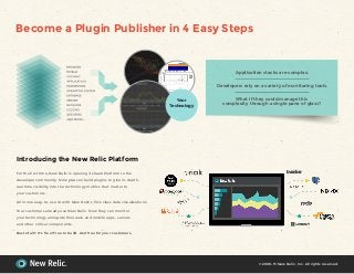 Become a Plugin Publisher in 4 Easy Steps
Introducing the New Relic Platform
For the first time, New Relic is opening its SaaS Platform to the
developer community. Now you can build plugins to give in-depth,
real time visibility into the technology metrics that matter to
your customers.
All in one easy-to-use UI with New Relic’s first-class data visualizations.
Your customers already use New Relic. Now they can monitor
your technology alongside their web and mobile apps, servers
and other critical components.
Best of all? It’s free! Free to build. And free for your customers.
©2008-13 New Relic, Inc. All rights reserved.
Your
Technology
Application stacks are complex.
Developers rely on a variety of monitoring tools.
What if they could manage this
complexity through a single pane of glass?
 