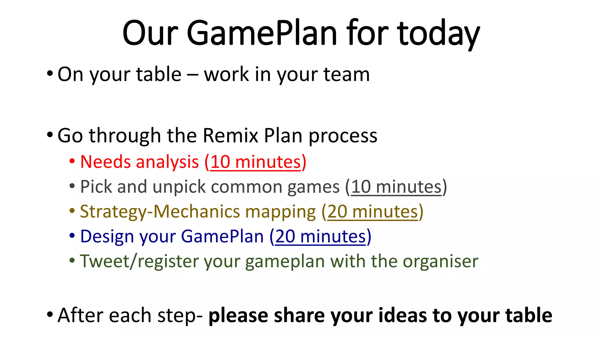 Our GamePlan for today
• On your table – work in your team
• Go through the Remix Plan process
• Needs analysis (10 minutes)
• Pick and unpick common games (10 minutes)
• Strategy-Mechanics mapping (20 minutes)
• Design your GamePlan (20 minutes)
• Tweet/register your gameplan with the organiser
• After each step- please share your ideas to your table
 