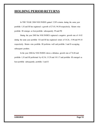 GARGIRAI Page 52
HOLDING PERIOD RETURNS
In THE YEAR 2004 NSE INDEX gained 5.58% returns during the same year
portfolio I, II and III has registered a growth of 27.85, 94.50 respectively. Return wise
portfolio III emerges as best portfolio subsequently PI and PII
During the year 2005 the NSE INDEX registered a negative growth rate of -8.82
during the same year portfolio I II and III has registered return of 18.26, -5.98 and 99.10
respectively. Return wise portfolio III performs well and portfolio I and II occupying
subsequent position.
In the year 2006 he NSE INDEX shows a fabulous growth rate of 76.88 and
portfolio I, II and III performed by 42.54, 13.29 and 101.17 and portfolio III emerged as
best portfolio subsequently portfolio I and II
 