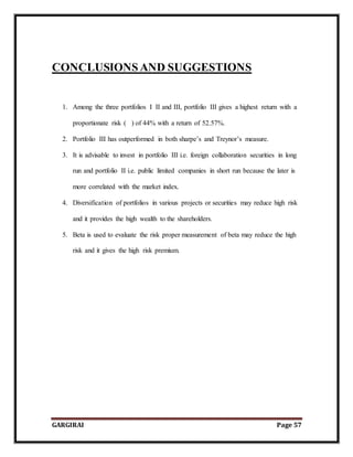 GARGIRAI Page 57
CONCLUSIONSAND SUGGESTIONS
1. Among the three portfolios I II and III, portfolio III gives a highest return with a
proportionate risk ( ) of 44% with a return of 52.57%.
2. Portfolio III has outperformed in both sharpe’s and Treynor’s measure.
3. It is advisable to invest in portfolio III i.e. foreign collaboration securities in long
run and portfolio II i.e. public limited companies in short run because the later is
more correlated with the market index.
4. Diversification of portfolios in various projects or securities may reduce high risk
and it provides the high wealth to the shareholders.
5. Beta is used to evaluate the risk proper measurement of beta may reduce the high
risk and it gives the high risk premium.
 