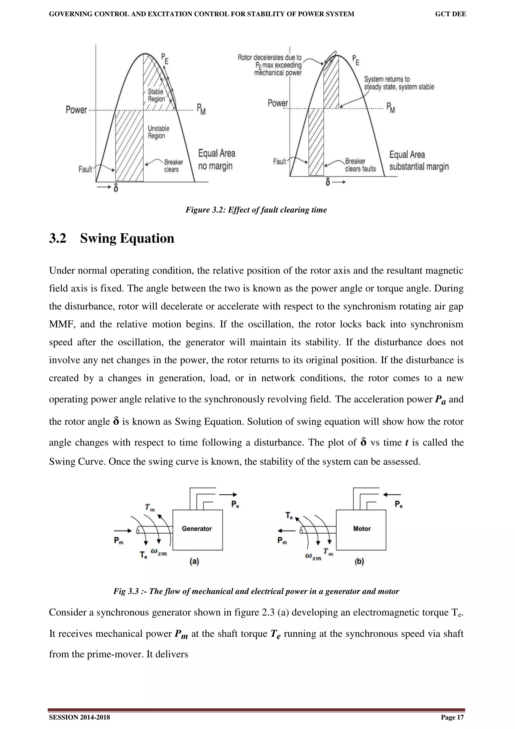 GOVERNING CONTROL AND EXCITATION CONTROL FOR STABILITY OF POWER SYSTEM GCT DEE
SESSION 2014-2018 Page 17
Figure 3.2: Effect of fault clearing time
3.2 Swing Equation
Under normal operating condition, the relative position of the rotor axis and the resultant magnetic
field axis is fixed. The angle between the two is known as the power angle or torque angle. During
the disturbance, rotor will decelerate or accelerate with respect to the synchronism rotating air gap
MMF, and the relative motion begins. If the oscillation, the rotor locks back into synchronism
speed after the oscillation, the generator will maintain its stability. If the disturbance does not
involve any net changes in the power, the rotor returns to its original position. If the disturbance is
created by a changes in generation, load, or in network conditions, the rotor comes to a new
operating power angle relative to the synchronously revolving field. The acceleration power Pa and
the rotor angle δ is known as Swing Equation. Solution of swing equation will show how the rotor
angle changes with respect to time following a disturbance. The plot of δ vs time t is called the
Swing Curve. Once the swing curve is known, the stability of the system can be assessed.
Fig 3.3 :- The flow of mechanical and electrical power in a generator and motor
Consider a synchronous generator shown in figure 2.3 (a) developing an electromagnetic torque Te.
. It receives mechanical power Pm at the shaft torque Te running at the synchronous speed via shaft
from the prime-mover. It delivers
 