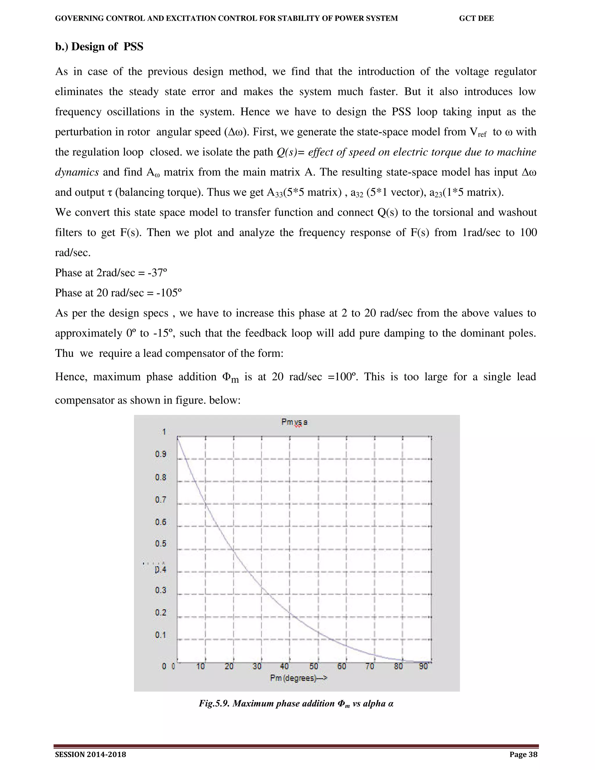GOVERNING CONTROL AND EXCITATION CONTROL FOR STABILITY OF POWER SYSTEM GCT DEE
SESSION 2014-2018 Page 38
b.) Design of PSS
As in case of the previous design method, we find that the introduction of the voltage regulator
eliminates the steady state error and makes the system much faster. But it also introduces low
frequency oscillations in the system. Hence we have to design the PSS loop taking input as the
perturbation in rotor angular speed (∆ω). First, we generate the state-space model from Vref to ω with
the regulation loop closed. we isolate the path Q(s)= effect of speed on electric torque due to machine
dynamics and find Aω matrix from the main matrix A. The resulting state-space model has input ∆ω
and output τ (balancing torque). Thus we get A33(5*5 matrix) , a32 (5*1 vector), a23(1*5 matrix).
We convert this state space model to transfer function and connect Q(s) to the torsional and washout
filters to get F(s). Then we plot and analyze the frequency response of F(s) from 1rad/sec to 100
rad/sec.
Phase at 2rad/sec = -37º
Phase at 20 rad/sec = -105º
As per the design specs , we have to increase this phase at 2 to 20 rad/sec from the above values to
approximately 0º to -15º, such that the feedback loop will add pure damping to the dominant poles.
Thu we require a lead compensator of the form:
Hence, maximum phase addition Φm is at 20 rad/sec =100º. This is too large for a single lead
compensator as shown in figure. below:
Fig.5.9. Maximum phase addition Φm vs alpha α
 