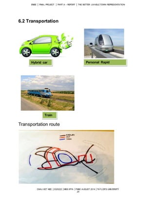 ENBE │ FINAL PROJECT │ PART A – REPORT │ THE BETTER LIVABLE TOWN REPRESENTATION 
Hybrid car Personal Rapid 
CHAU XET NEE │0320222 │MISS IFFA │FNBE AUGUST 2014 │TAYLOR’S UNIVERSITY 
24 
6.2 Transportation 
Transportation route 
Transmit 
Train 
 