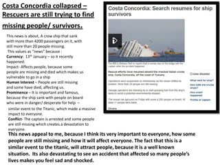 Costa Concordia collapsed –
Rescuers are still trying to find
missing people/ survivors.
 This news is about, A crew ship that sank
 with more than 4200 passengers on it, with
 still more than 20 people missing.
  This values as “news” because :
 Currency: 13th January – so it recently
 happened.
 Impact- Affects people, because some
 people are missing and died which makes us
 vulnerable to go in a ship
 Human Interest – People are still missing
 and some have died, affecting us.
 Prominence – It is important and famous,
 because the ship sank with people on board
 who were in danger/ desperate for help –
  similar event to the Titanic, which made a massive
  impact to everyone.
  Conflict- The captain is arrested and some people
  are still missing which creates a devastation to
  everyone.
  This news appeal to me, because I think its very important to everyone, how some
  people are still missing and how it will affect everyone. The fact that this is a
  similar event to the titanic, will attract people, because it is a well known
  situation. Its also devastating to see an accident that affected so many people’s
  lives makes you feel sad and shocked.
 