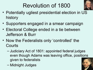 Revolution of 1800 Potentially ugliest presidential election in US history Supporters engaged in a smear campaign Electoral College ended in a tie between Jefferson & Burr Now the Federalists only ‘controlled’ the Courts Judiciary Act of 1801: appointed federal judges even though Adams was leaving office, positions given to federalists Midnight Judges 