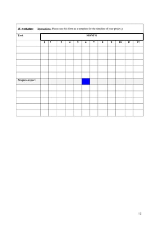 15 workplan: (Instructions: Please use this form as a template for the timeline of your project)
Task MONTH
1 2 3 4 5 6 7 8 9 10 11 12
Progress report
12
 
