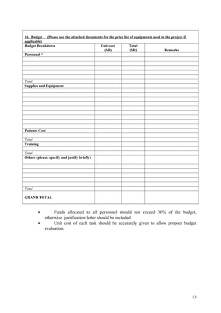 • Funds allocated to all personnel should not exceed 30% of the budget,
otherwise justification letter should be included
• Unit cost of each task should be accurately given to allow propoer budget
evaluation.
16. Budget (Please use the attached documents for the price list of equipments used in the project if
applicable)
Budget Breakdown Unit cost
(SR)
Total
(SR) Remarks
Personnel *
Total
Supplies and Equipment
Patients Cost
Total
Training
Total
Others (please, specify and justify briefly)
Total
GRAND TOTAL
13
 