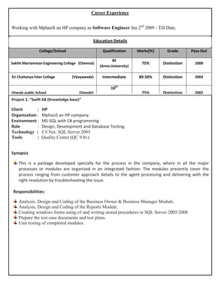Career Experience


 Working with MphasiS an HP company as Software Engineer Jan 2nd 2009 - Till Date.

                                              Education Details

                  College/School                   Qualification      Marks[%]     Grade       Pass-Out

                                                         BE
 Sakthi Mariamman Engineering College (Chennai)                         75%      Distinction    2008
                                                  (Anna University)

 Sri Chaitanya Inter College       (Vijayawada)    Intermediate       89.50%     Distinction    2004

                                                        10th
 Ongole public School                  (Ongole)                         75%      Distinction    2002
                                                       (ICSE)
 Project 1: “Swift KB (Knowledge base)”

 Client       :    HP
 Organization :    MphasiS an HP company.
 Environment :     MS-SQL with C# programming
 Role         :    Design, Development and Database Testing.
 Technology :      C#.Net, SQL Server 2005
 Tools        :    Quality Center (QC 9.0v)


 Synopsis

      This is a package developed specially for the process in the company, where in all the major
      processes or modules are organized in an integrated fashion. The modules presently cover the
      process ranging from customer approach details to the agent processing and delivering with the
Sdfszgfgdfg
      right resolution by troubleshooting the issue.

  Responsibilities:

     Analysis, Design and Coding of the Business Owner & Business Manager Module.
     Analysis, Design and Coding of the Reports Module.
     Creating windows forms using c# and writing stored procedures in SQL Server 2005/2008
     Prepare the test case documents and test plans.
     Unit testing of completed modules.
 