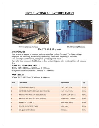 SHOT BLASTING & HEAT TREATMENT
Stress relieving Furnace Shot Blasting Machine
Fig. HT.1 SR & SB process
Description:
Heat treatment is done to improve hardness, ductility, grain refinement. The basic methods
employed are annealing, normalizing, quenching. Sometimes tempering is also done
Shot blasting is used to clean, strengthen (peen) or polish metal.
Here after heat treatment shot blasting is done so that the paint after polishing the work remains
firm
SHOT BLASTING MACHINE: -
ROOM SIZE: 12000mm X 5000mm X 4000mm
(Length under extension from 12000mm to 18000mm)
PAINT SHOP: -
ROOM SIZE: 18000mm X 5000mm X 4000mm
Sl.No. Description Specification Qty.
1 ANNEALING FURNACE 7 m X 5 m X 4.5 m 01 No.
2 HEAT TREATMENT FURNACE (ELECTRICAL) 3 m X 2.8 m X 1.5 m 01 No.
3 PREHEATING FURNACE (ELECTRICAL) Dia 1000 mm X 1200 mm 02 Nos.
4 PREHEATING FURNACE (ELECTRICAL) Dia 800 mm X 1200 mm 01 No.
5 MODULAR FURNACE Single panel 7mx3.5 01 No.
6 WATER QUENCHING TANK 85000 Liters 01 No.
7 OIL QUENCHING TANK 4000 Liters 01 No.
 