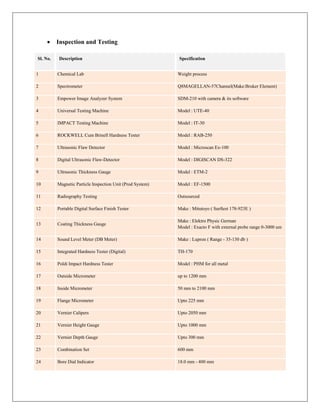  Inspection and Testing
Sl. No. Description Specification
1 Chemical Lab Weight process
2 Spectrometer Q8MAGELLAN-57Channel(Make:Bruker Element)
3 Empower Image Analyzer System SDM-210 with camera & its software
4 Universal Testing Machine Model : UTE-40
5 IMPACT Testing Machine Model : IT-30
6 ROCKWELL Cum Brinell Hardness Tester Model : RAB-250
7 Ultrasonic Flaw Detector Model : Microscan Ex-100
8 Digital Ultrasonic Flaw-Detector Model : DIGISCAN DS-322
9 Ultrasonic Thickness Gauge Model : ETM-2
10 Magnetic Particle Inspection Unit (Prod System) Model : EF-1500
11 Radiography Testing Outsourced
12 Portable Digital Surface Finish Tester Make : Mitutoyo ( Surftest 178-923E )
13 Coating Thickness Gauge
Make : Elektro Physic German
Model : Exacto F with external probe range 0-3000 um
14 Sound Level Meter (DB Meter) Make : Lupron ( Range - 35-130 db )
15 Integrated Hardness Tester (Digital) TH-170
16 Poldi Impact Hardness Tester Model : PHM for all metal
17 Outside Micrometer up to 1200 mm
18 Inside Micrometer 50 mm to 2100 mm
19 Flange Micrometer Upto 225 mm
20 Vernier Calipers Upto 2050 mm
21 Vernier Height Gauge Upto 1000 mm
22 Vernier Depth Gauge Upto 300 mm
23 Combination Set 600 mm
24 Bore Dial Indicator 18.0 mm - 400 mm
 