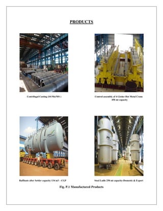 PRODUCTS
Centrifugal Casting (SS/Mn/MS ) Control assembly of 4 Girder Hot Metal Crane
450 mt capacity
Raffinate after Settler capacity 134 m3 – CGP Steel Ladle 250 mt capacity-Domestic & Export
Fig. P.1 Manufactured Products
 