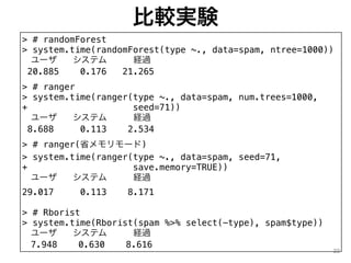 比較実験
22
> # randomForest
> system.time(randomForest(type ~., data=spam, ntree=1000))
 ユーザ システム 経過
20.885 0.176 21.265
> # ...