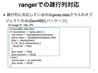 rangerでの疎行列対応
■ 疎行列に対応しているのはgwaa.dataクラスのオブ
ジェクトのみ(GenABELパッケージ)．
29
## GenABEL GWA data
if (class(data) == "gwaa.data") {...