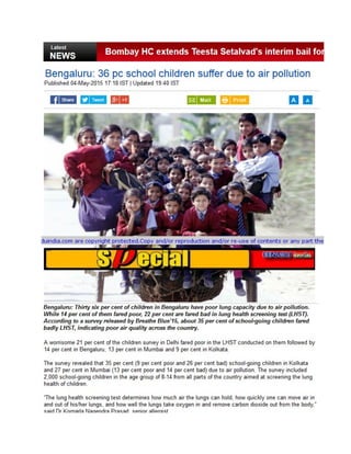 Bengaluru: 36 pc school children suffer due to air pollution