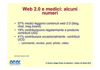 Web 2.0 e medici: alcuni
                     numeri

• 57% medici leggono contenuti web 2.0 (blog,
  chat, msg board)
• 19% contribuiscono regolarmente a produrre
  contributi UGC
• 41% contribuisce occasionalmente contributi
  UCG
       - comments, review, post, photo, video



Manhattan Reasearch 2009




                           E. Santoro, Reggio Emilia, 22 settembre, 1 ottobre, 20 ottobre 2010
 