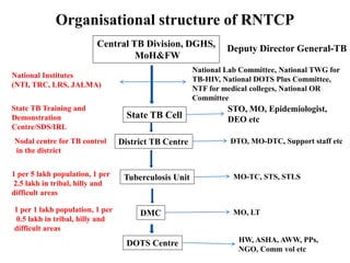 Organisational structure of RNTCP
Central TB Division, DGHS,
MoH&FW
Deputy Director General-TB
State TB Cell
District TB Centre
Tuberculosis Unit
DMC
DOTS Centre
National Institutes
(NTI, TRC, LRS, JALMA)
National Lab Committee, National TWG for
TB-HIV, National DOTS Plus Committee,
NTF for medical colleges, National OR
Committee
STO, MO, Epidemiologist,
DEO etc
State TB Training and
Demonstration
Centre/SDS/IRL
DTO, MO-DTC, Support staff etcNodal centre for TB control
in the district
MO-TC, STS, STLS1 per 5 lakh population, 1 per
2.5 lakh in tribal, hilly and
difficult areas
1 per 1 lakh population, 1 per
0.5 lakh in tribal, hilly and
difficult areas
MO, LT
HW, ASHA, AWW, PPs,
NGO, Comm vol etc
 