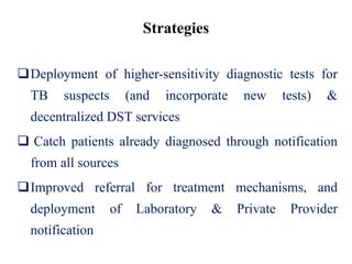 Strategies
Deployment of higher-sensitivity diagnostic tests for
TB suspects (and incorporate new tests) &
decentralized DST services
 Catch patients already diagnosed through notification
from all sources
Improved referral for treatment mechanisms, and
deployment of Laboratory & Private Provider
notification
 