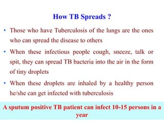 How TB Spreads ?
• Those who have Tuberculosis of the lungs are the ones
who can spread the disease to others
• When these infectious people cough, sneeze, talk or
spit, they can spread TB bacteria into the air in the form
of tiny droplets
• When these droplets are inhaled by a healthy person
he/she can get infected with tuberculosis
A sputum positive TB patient can infect 10-15 persons in a
year
 
