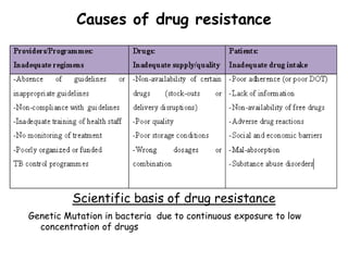 Causes of drug resistance
 Programme related -Poor treatment
 Drug related - Poor drugs
 Patient related - Poor drug intake by the patient
Scientific basis of drug resistance
Genetic Mutation in bacteria due to continuous exposure to low
concentration of drugs
 