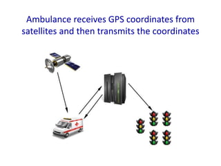 Ambulance receives GPS coordinates from
satellites and then transmits the coordinates
 