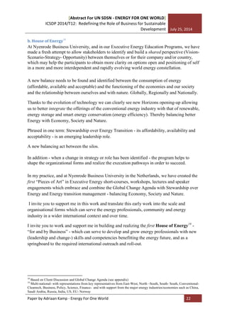 [Abstract For UN SDSN - ENERGY FOR ONE WORLD]
ICSDP 2014/T12: Redefining the Role of Business for Sustainable
Development ...