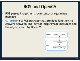 (C)2016 Roi Yehoshua
ROS and OpenCV
• ROS passes images in its own sensor_msgs/Image
message
• cv_bridge is a ROS package that provides functions to
convert between ROS sensor_msgs/Image messages and
the objects used by OpenCV
100
 